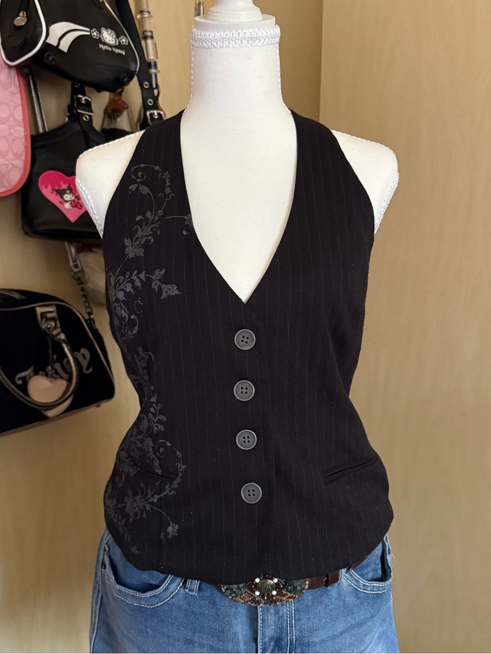 FANG Black Pinstripe Floral Halter Button Vest
